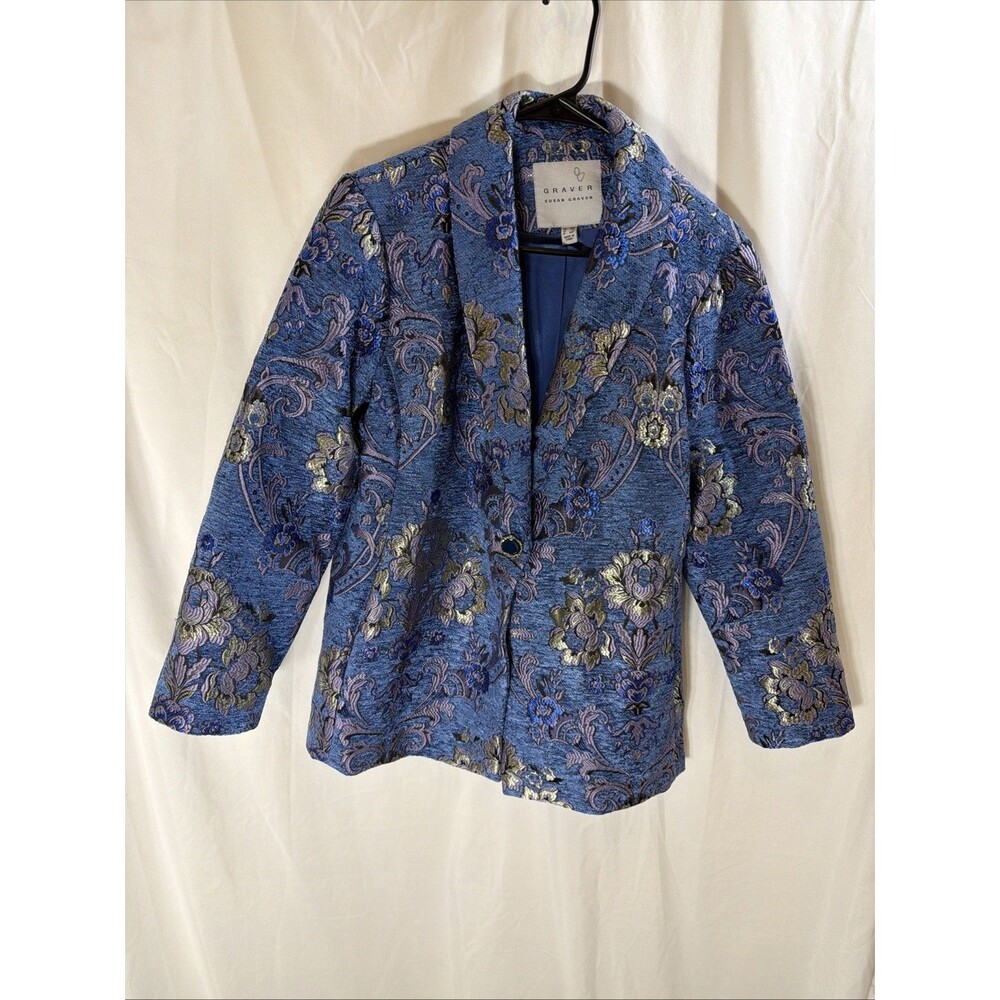 Susan Graver Jacquared Tapestry Collar Blue Brocade Blazer Womens Size 12P